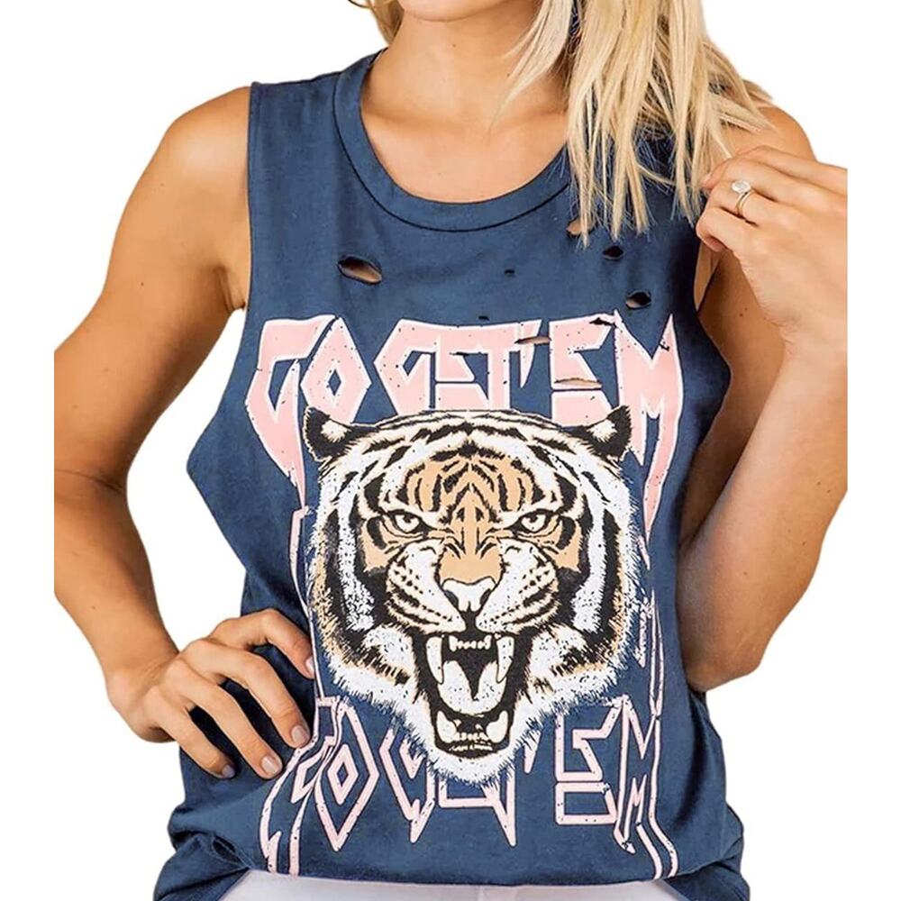 Tiger Print Distressed Sleeveless T Shirts Blue Go Get Em Medium